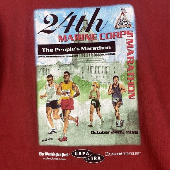 Vintage 90s Marina Corps Marathon USMC Shirt Mens Extra Large Red Long Sleeve - Picture 6 of 10